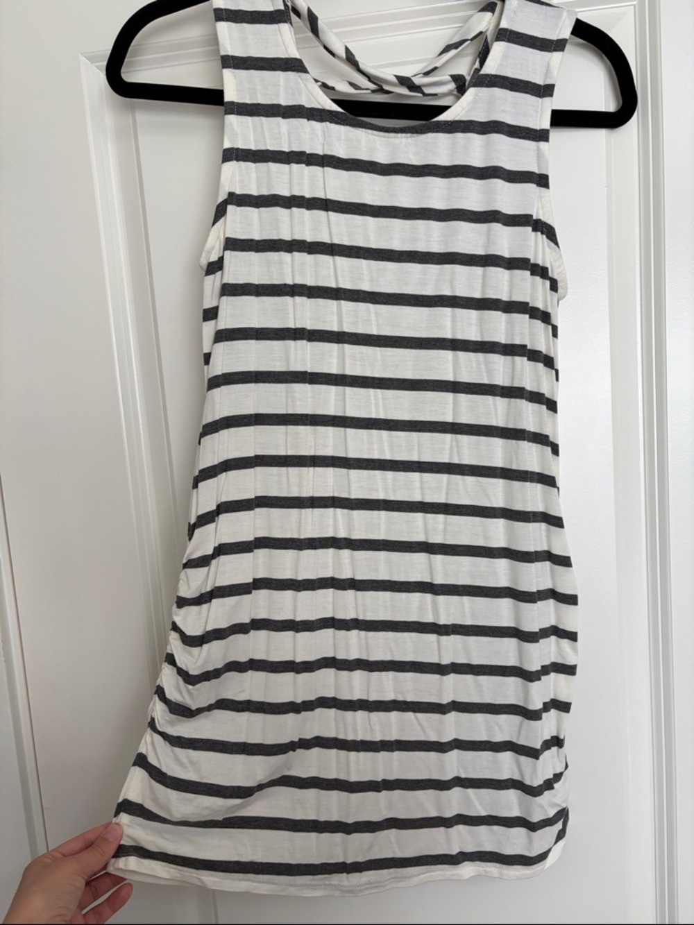Loveappella White and Black StripedMmaternity Racerback Tank Top